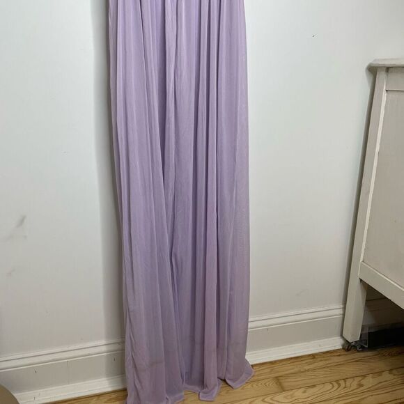 David’s Bridal Iris Long Mesh Dress with Cowl Back Detail Lavender Purple Maxi 4 - Picture 8 of 13